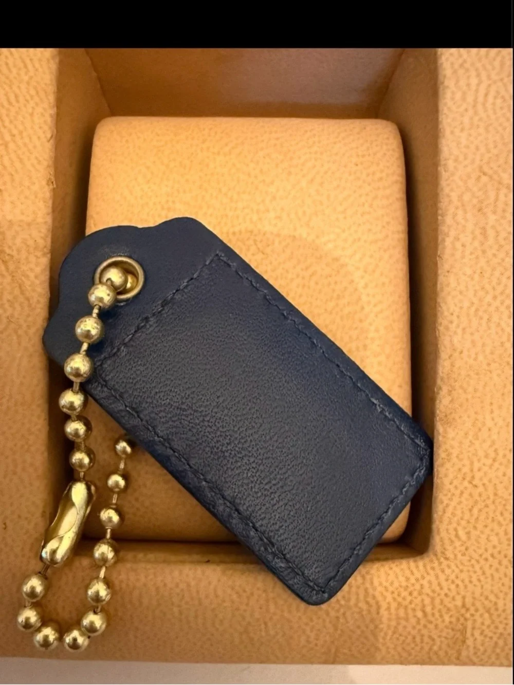 COACH Navy Leather Key Tag with Gold-Tone Ball Chain 2.25”X 1”